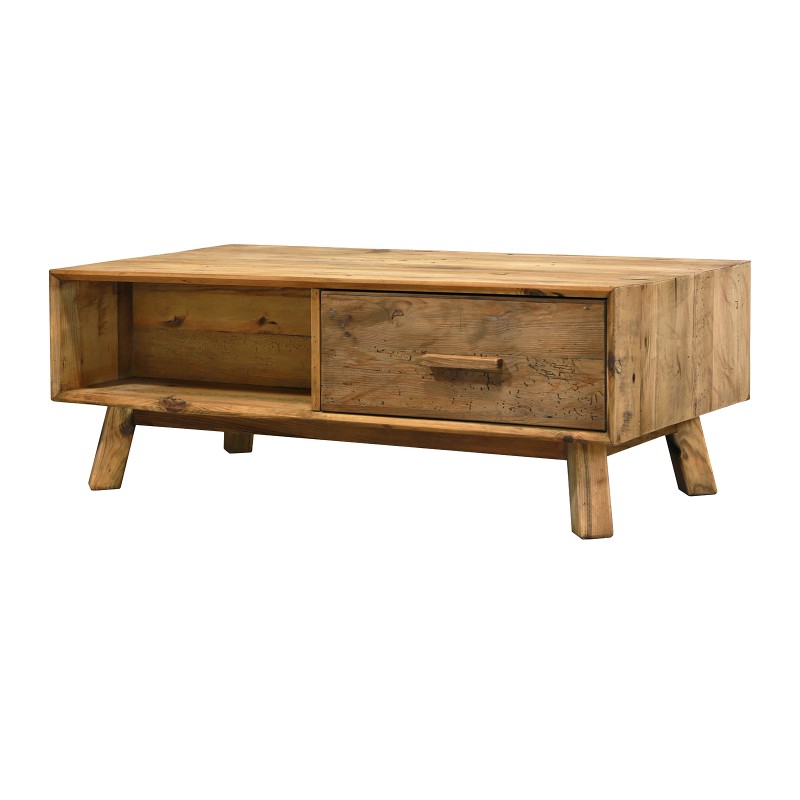 Table basse 2 tiroirs en pin recyclé - meuble déco montagne rustique - Collection CHALET