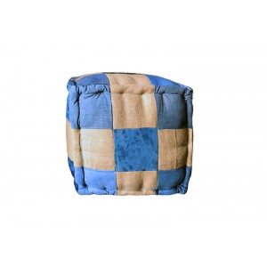 Pouf carré en patchwork de tissu jeans bleu et beige effet usé - DENIM