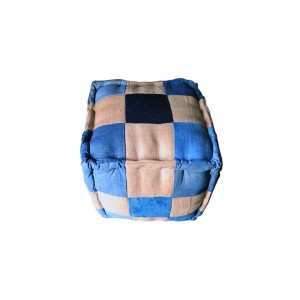 Pouf carré en patchwork de tissu jeans bleu et beige effet usé - DENIM