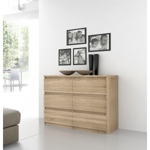Grande commode 2x3 tiroirs décor chêne clair texturé - rangement chambre - BENNY
