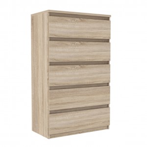 Grande commode 5 tiroirs décor chêne clair texturé - rangement chambre - BENNY