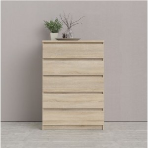 Grande commode 5 tiroirs décor chêne clair texturé - rangement chambre - BENNY