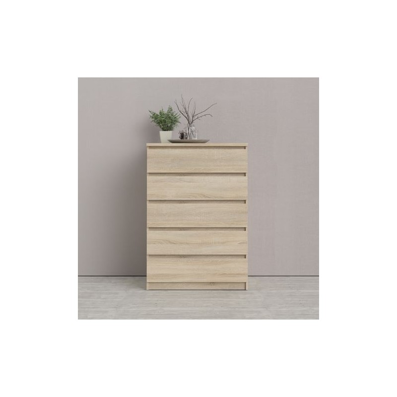 Grande commode 5 tiroirs décor chêne clair texturé - rangement chambre - BENNY