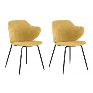 Lot de 2 chaises en tissu jaune chiné avec accoudoirs et pieds métal noir - VAN