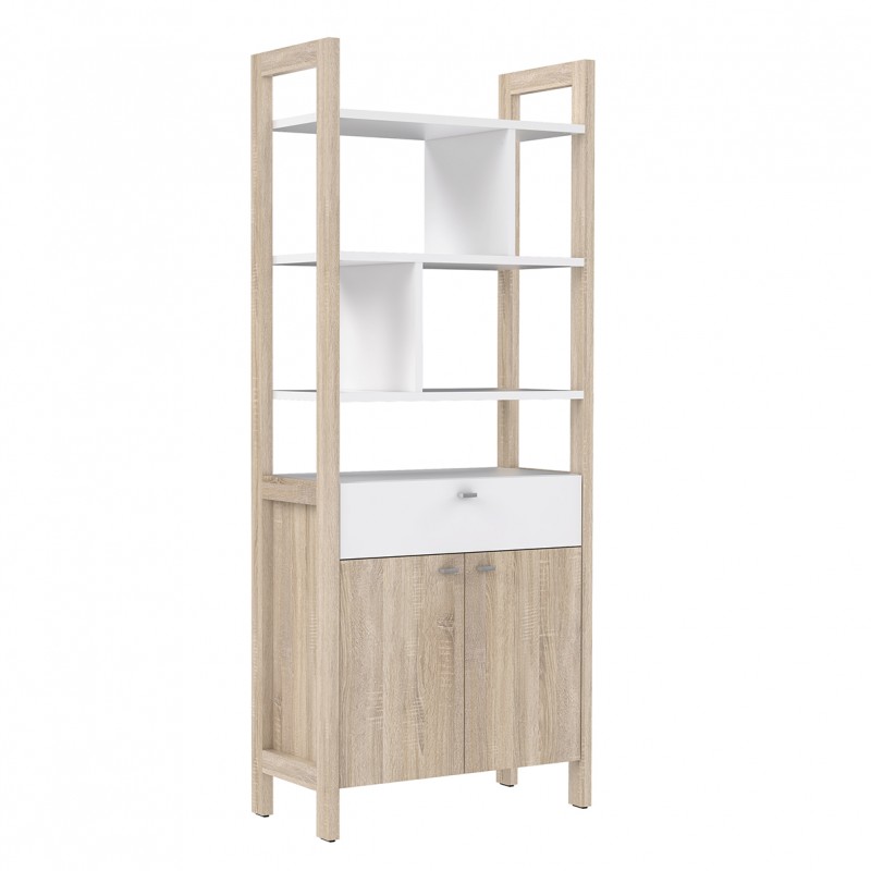 Meuble étagères 2 portes 1 tiroir blanc et décor chêne clair - NORWAY