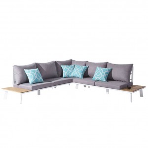 Canapé d'angle de jardin en aluminium blanc, bois de teck, tissu assises et dossier déperlant - HAMA