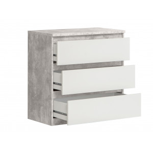 Commode 3 tiroirs blanc et décor béton gris clair - BENNY
