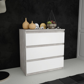 Commode 3 tiroirs blanc et décor béton gris clair - BENNY
