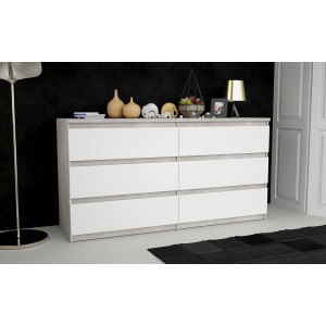 Grande commode 2x3 tiroirs blanc et décor béton gris clair - BENNY