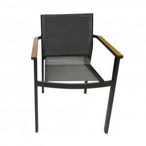 Lot de 2 chaises de jardin en aluminium noir accoudoirs en bois de teck et tissu textilène gris - MOSA