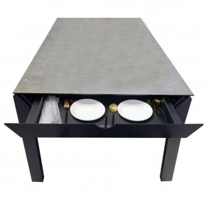 Table de repas pour jardin en aluminium anthracite, 2 tiroirs et plateau en céramique de 8 mm sur verre trempé - MOSA