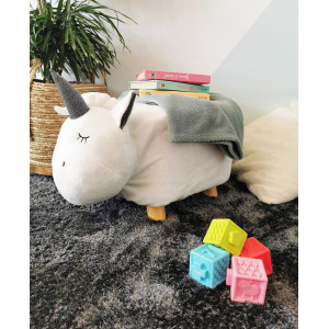 Pouf Enfant Design Licorne Blanc Tissu Doux et Pied Bois - Tabouret Jouet Forme Animal - UNICORN