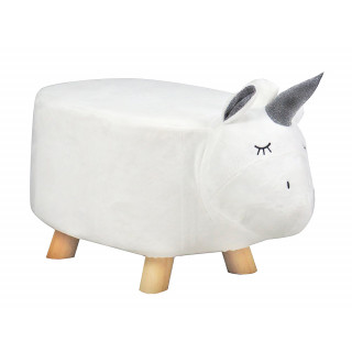 Tabouret pouf licorne blanc poils doux pied bois pour enfant - UNICORN