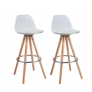 Lot de 2 tabourets de Bar Blanc Design avec Repose-Pieds métal et piétement en Bois - Collection Diana