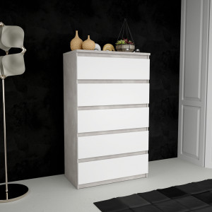 Grande commode 5 tiroirs blanc et décor béton gris clair - BENNY