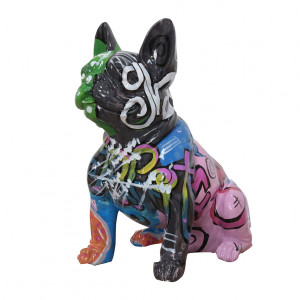 Statue chien noir type bouledogue assis tagé multicolore en résine - FABIEN