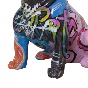 Statue chien noir type bouledogue assis tagé multicolore en résine - FABIEN