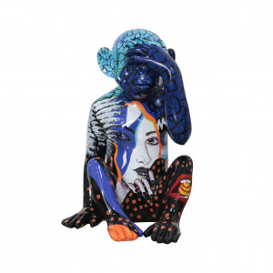 Statue singe bleu assis mains sur les yeux et dessin visage de femme en résine - RIFIFI