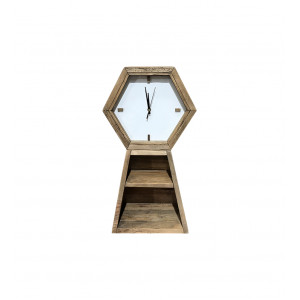 Horloge hexagonale murale 2 niches de rangement 60 cm bois - CHALET