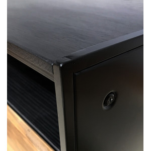Table basse carrée 80 cm tiroir métal bois pin recyclé - CABANON