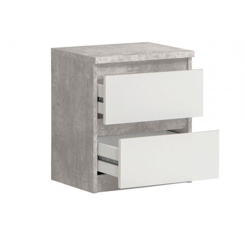 Table de chevet 2 tiroirs blanc et décor béton clair - BENNY