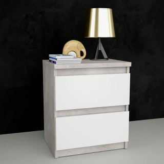 Table de chevet 2 tiroirs blanc et décor béton clair - rangement chambre - BENNY
