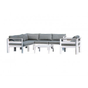Salon de jardin 1 canapé d'angle 1 fauteuil 1 table basse en aluminium blanc et coussins en tissu gris chiné - TIARE