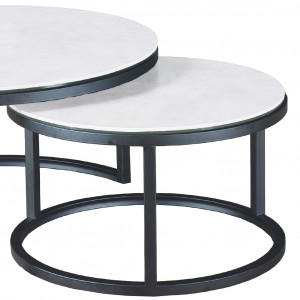 Table Basse Ronde gigogne en céramique blanc et piètement métal - Design Moderne Industriel - OXY