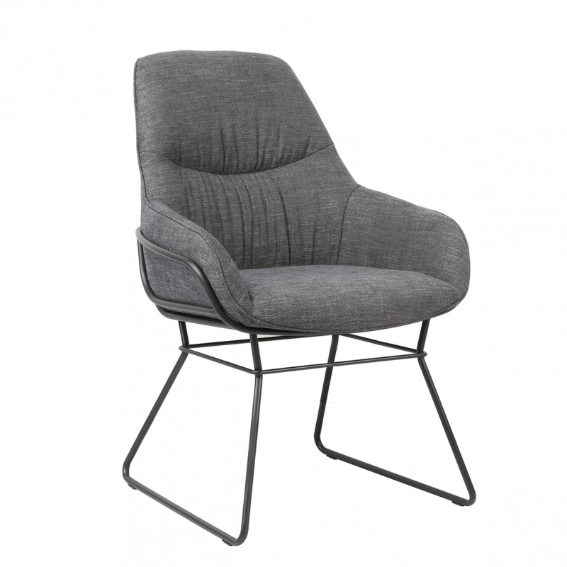 Fauteuil rembourré en tissu gris anthracite chiné avec accoudoirs et piètement luge en métal noir - ZOLA