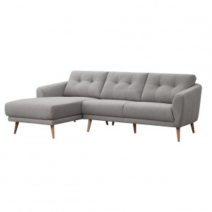 Canapé d'angle gauche 3 places en tissu gris avec coussins capitonnés méridienne et pieds bois inclinés - LORNA