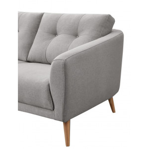 Canapé d'angle gauche 3 places en tissu gris avec coussins capitonnés méridienne et pieds bois inclinés - LORNA