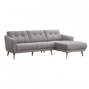 Canapé d'angle droit 3 places en tissu gris avec coussins capitonnés méridienne et pieds bois inclinés - LORNA