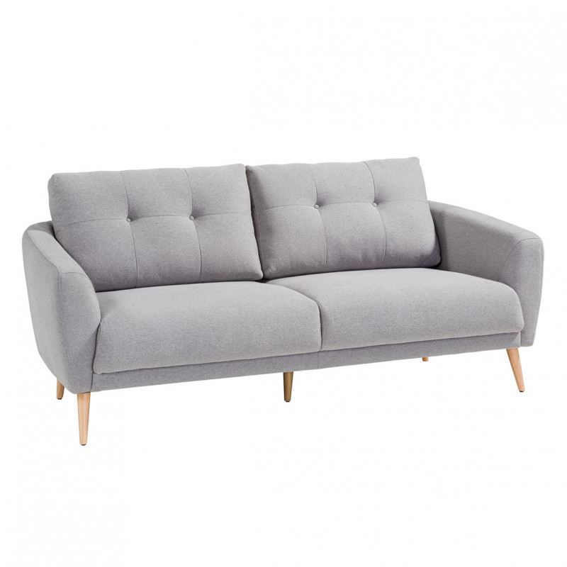 Canapé droit 2 places en tissu gris avec coussins capitonnés et pieds bois inclinés - LORNA