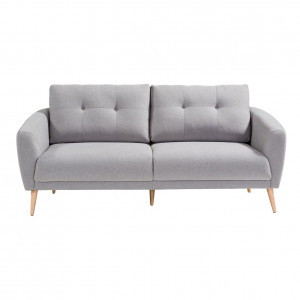Canapé droit 2 places en tissu gris avec coussins capitonnés et pieds bois inclinés - LORNA