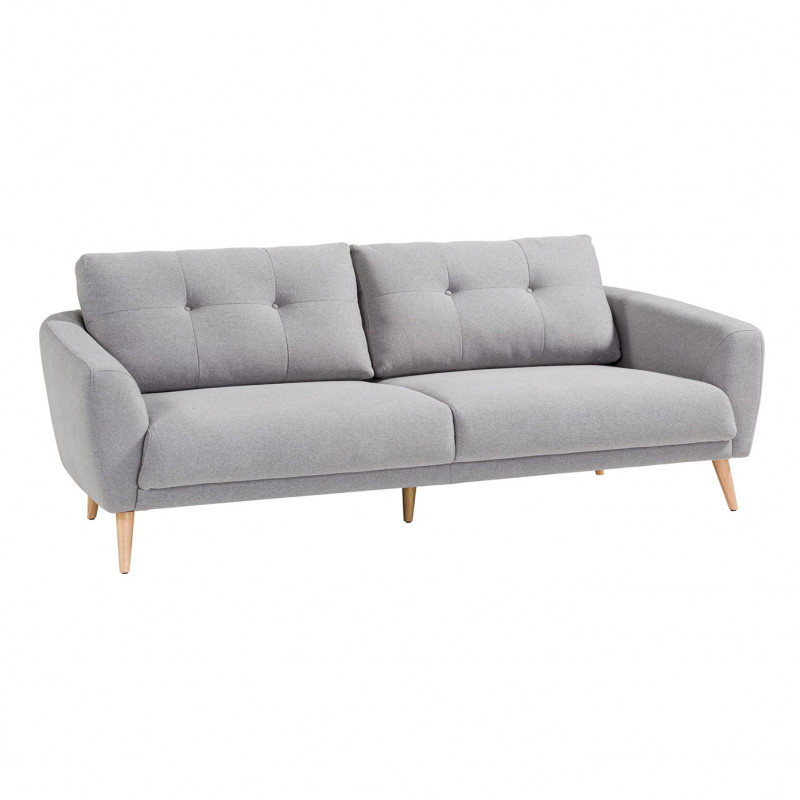 Canapé droit 3 places en tissu gris avec coussins capitonnés et pieds bois inclinés - LORNA