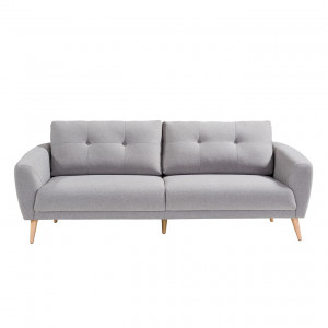 Canapé droit 3 places en tissu gris avec coussins capitonnés et pieds bois inclinés - LORNA