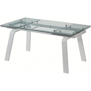 Table de repas extensible 160/240 cm avec plateau en verre transparent et pied en métal blanc - GLAZE