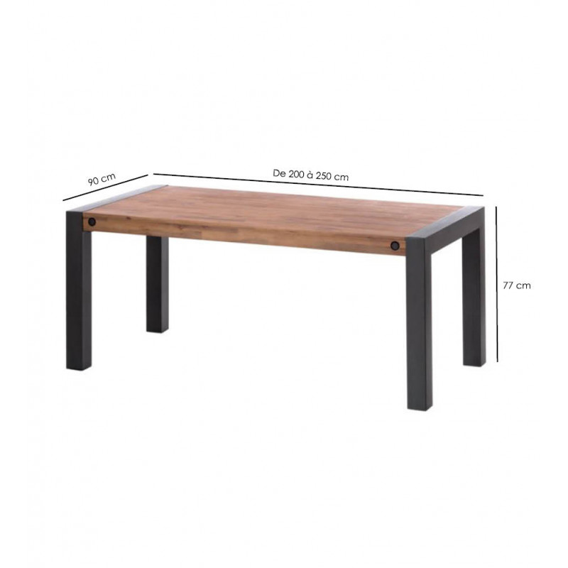 Table de repas extensible 200 à 250 cm style industriel en bois massif et métal - WORKSHOP