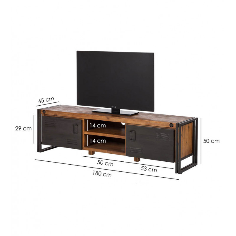Meuble TV 180 cm 2 tiroirs 2 niches bois acacia et métal - WORKSHOP