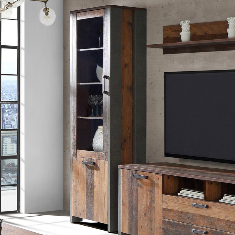 Vitrine droite/gauche en panneaux de particules avec revêtement effet bois, béton gris et porte vitrée - BUCK