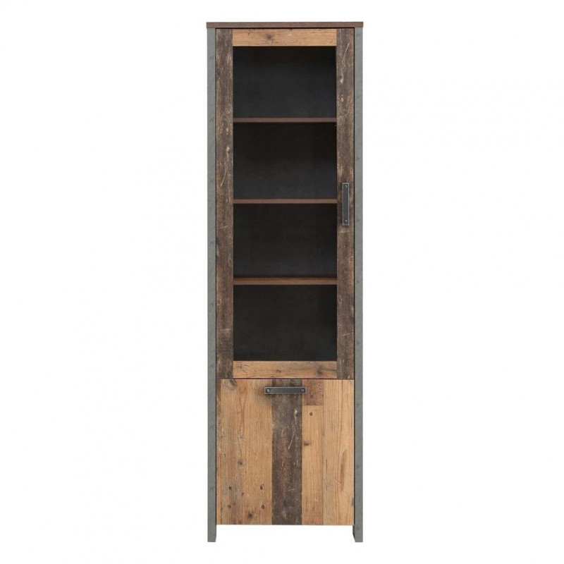 Vitrine droite/gauche en panneaux de particules avec revêtement effet bois, béton gris et porte vitrée - BUCK