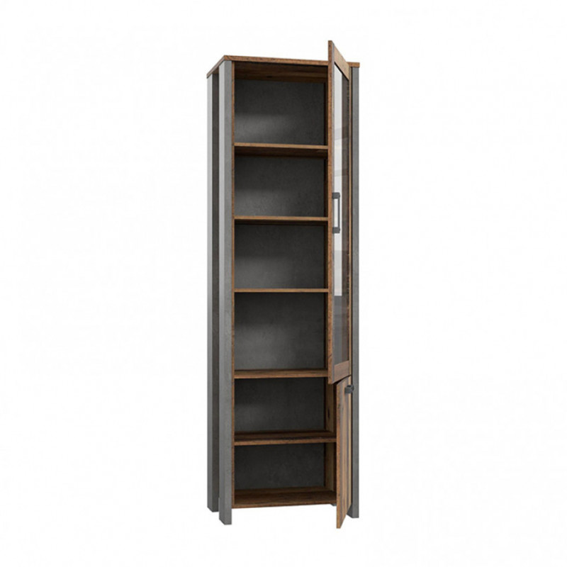 Vitrine droite/gauche en panneaux de particules avec revêtement effet bois, béton gris et porte vitrée - BUCK