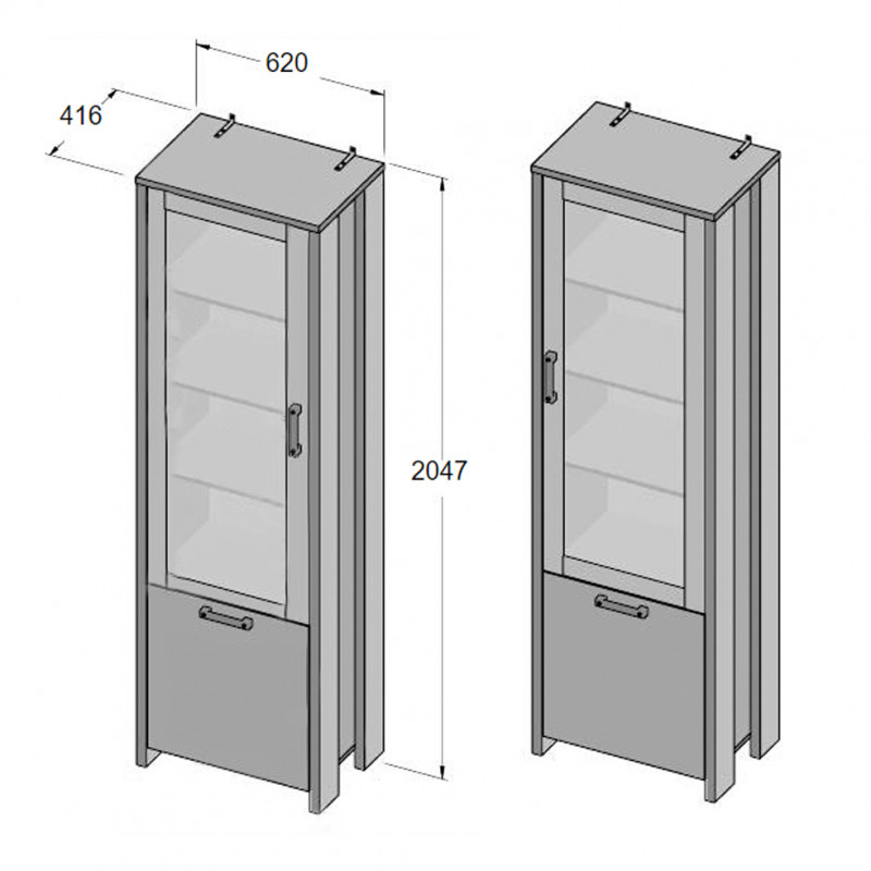 Vitrine droite/gauche en panneaux de particules avec revêtement effet bois, béton gris et porte vitrée - BUCK