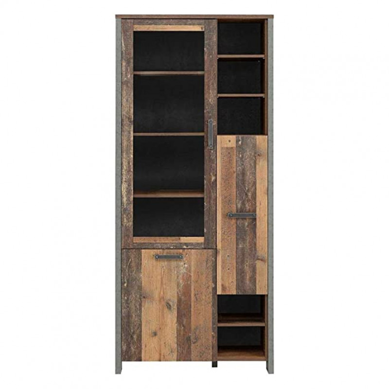 Vitrine gauche en panneaux de particules avec revêtement effet bois, béton gris et porte vitrée - BUCK