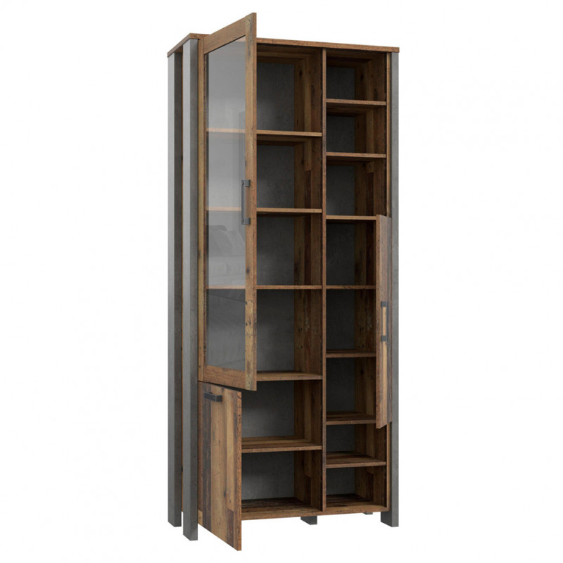 Vitrine gauche en panneaux de particules avec revêtement effet bois, béton gris et porte vitrée - BUCK