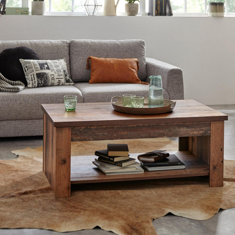 Table basse avec plateau relevable finition effet bois vieilli - BUCK