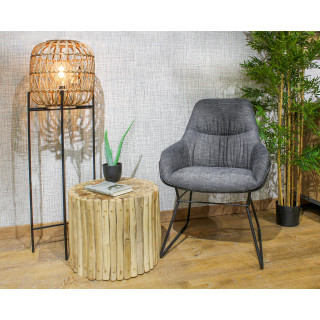 Fauteuil rembourré en tissu gris anthracite chiné avec accoudoirs et piètement luge en métal noir - ZOLA