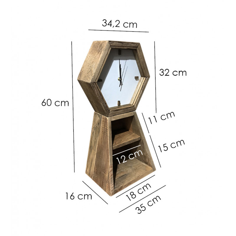 Horloge hexagonale murale 2 niches de rangement 60 cm bois - CHALET