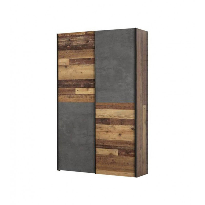 Armoire 2 portes coulissantes 6 tablettes décor vieux bois vintage béton gris foncé - moderne rustique - MARSO