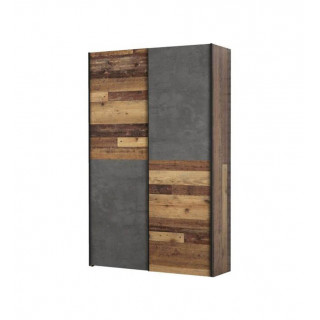 Armoire 2 portes coulissantes 6 tablettes décor vieux bois vintage béton gris foncé - moderne rustique - MARSO